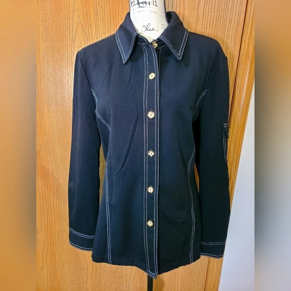 St. John Sport black contrast stitch gold button sleeve pocket shirt jacket